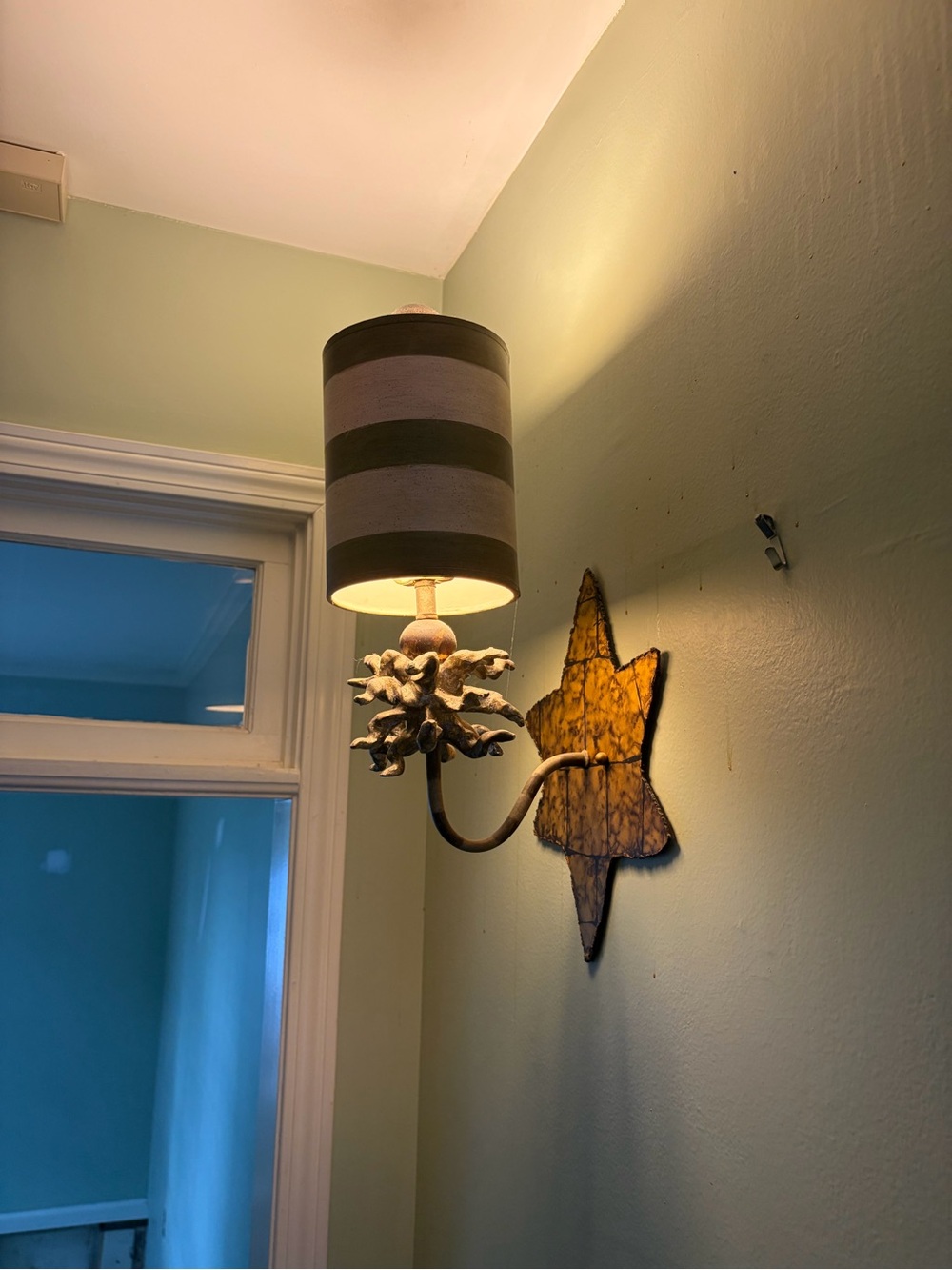 Rustic Star Metal Wall Sconce with Beige Stripe Shade
